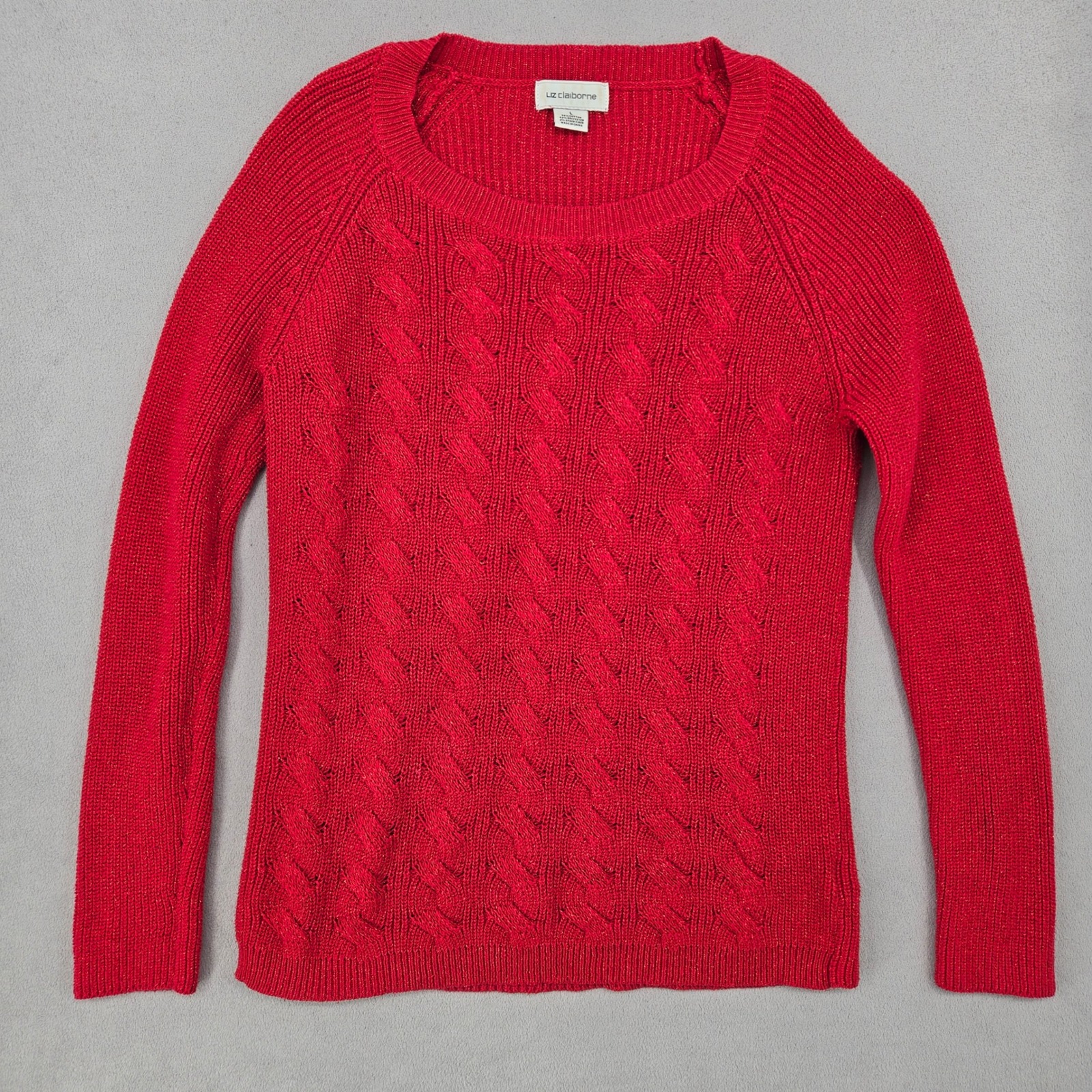 Liz Claiborne Womens Lrg Red Cable Knit Metallic Shimmer Sweater Festive Holiday